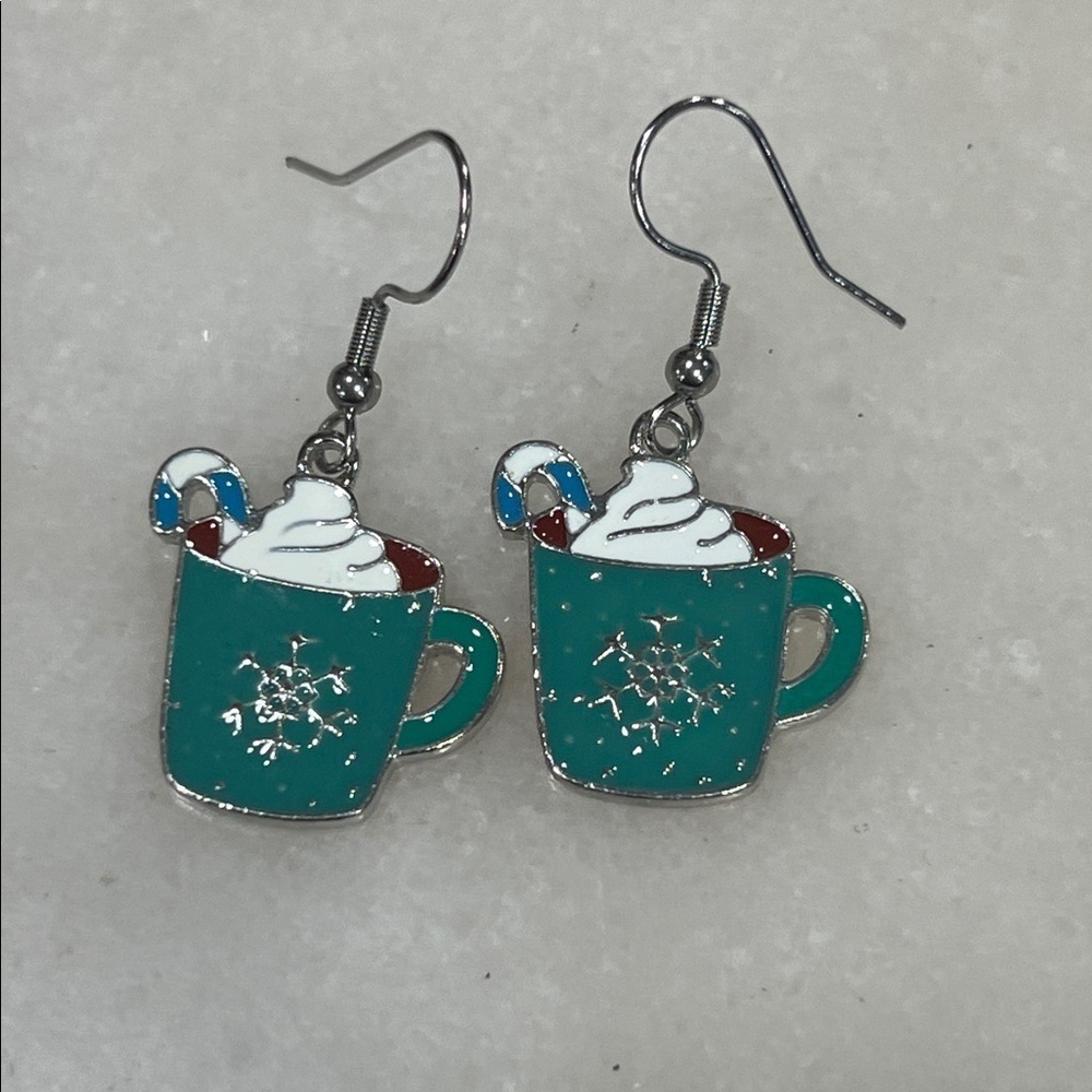 Festive Hot Cocoa Teal Mug Earrings